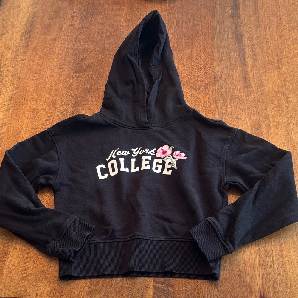 New York College Black Hoodie Sweater with Floral Accent